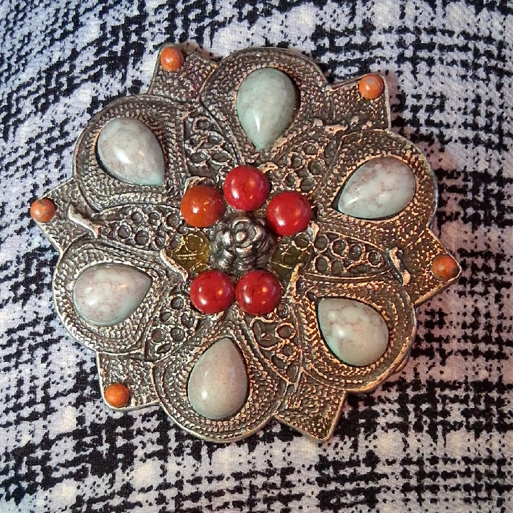 Elegant Silver and Red Brooch